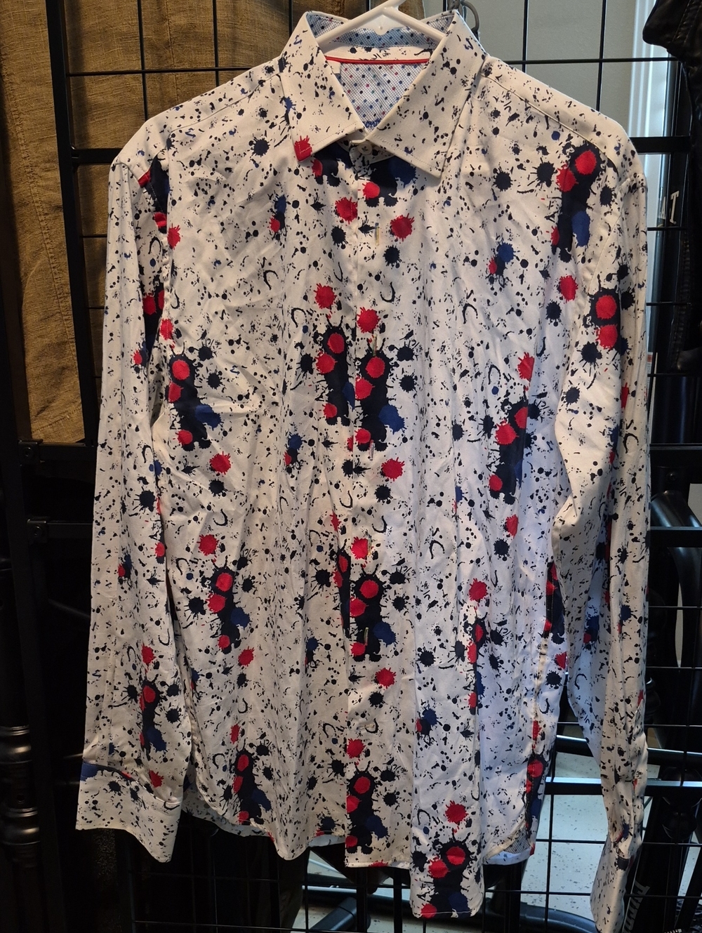Men's White Button-Up Shirt with Red & Navy Splatter Print